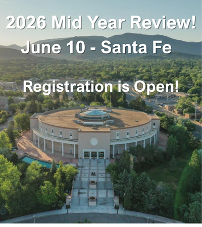 Promotional graphic for the Mid Year Review Conference. The photo includes the an over head picture of the capital building of New Mexico with mountains in the background.