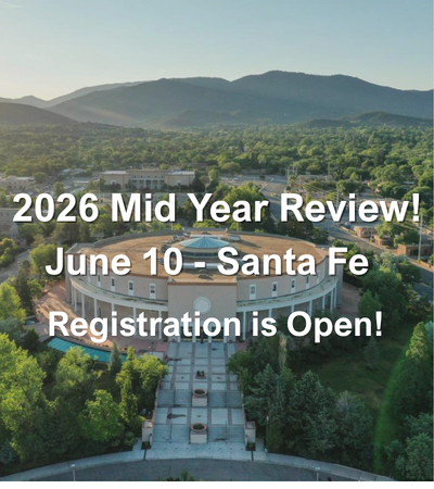 Promotional graphic for the Mid Year Review Conference. The photo includes the an over head picture of the capital building of New Mexico with mountains in the background.